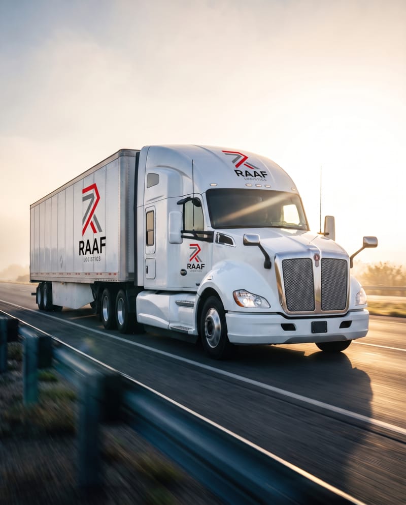 RAAF Logistics tractor with a 53-foot dry van on a highway in the morning haze