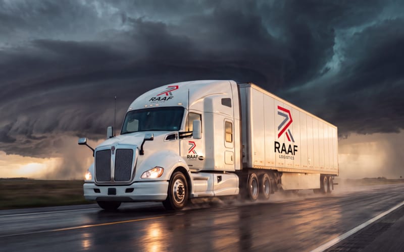 RAAF Logistics tractor with a 53-foot dry van on a highway under a storm