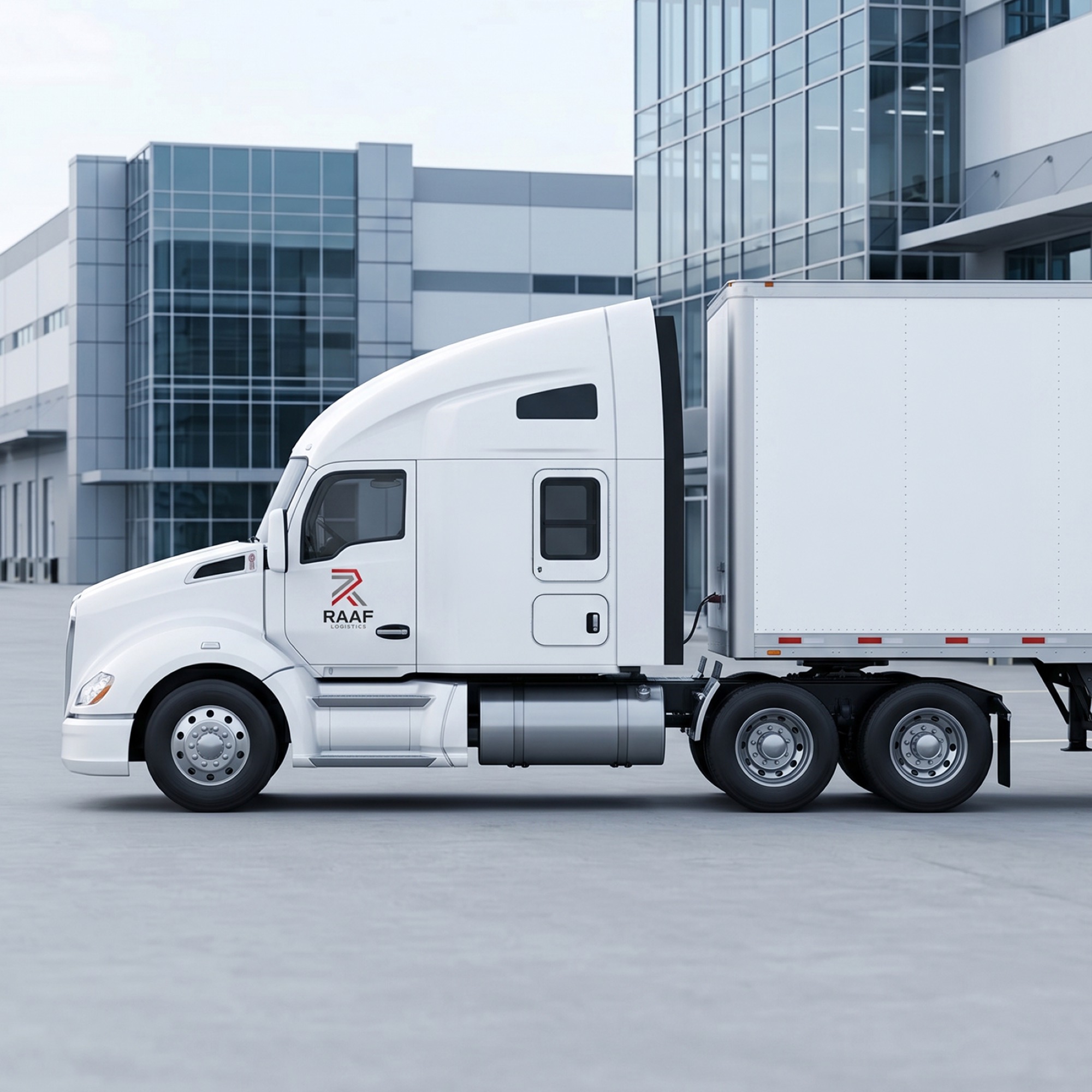 RAAF Logistics tractor with a 53-foot dry van in front of a modern office building